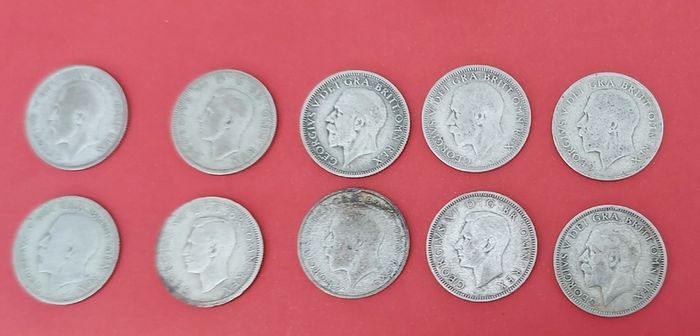 England 10 X 1920's 50% Silver Shilling Coins
