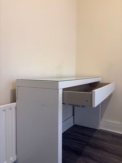 White Glass Top Desk with Drawer