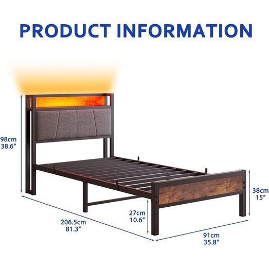 3ft Single Bed Frame with Storage Headboard,LED Lights,Metal Upholstered Platform Bed Frame with Charging Station,Mattress Foundation/Strong Slats Support/Under-bed Storage/Easy Assembly/Brown