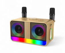 Karaoke Speaker 35W, 2 Rechargeable Wireless Mics,LED lights,Golden, Brand New