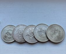 Five Mexican silver coins. .900. See below for details.