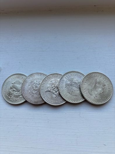 Five Mexican silver coins. .900. See below for details.