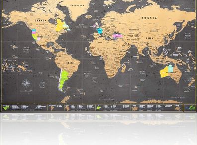 Scratch Off World Map Large - Ultra detailed with all U.S States - Accessories Kit and Gift Tube - 70 x 42cm - Deluxe Cartographic