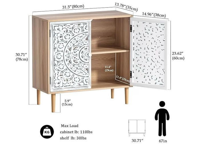 Sideboards for Living Room Cabinets Vintage Hollow Buffet Accent Cabinet with Adjustable Shelf, Magnetic Closure, Cupboard for Kitchen, Dining Room, Hallway 80 x 35 x 78 cm