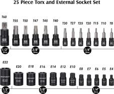 25-Piece Torx Bit and Female External Socket Set, 13 Star Bits (T8- T60) & 12 Female E-Torx (E4-E22), Professional Grade Auto & Motorcycle Mechanic Socket Set
