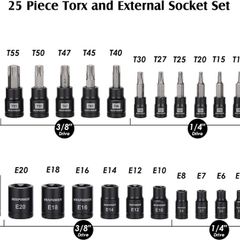 25-Piece Torx Bit and Female External Socket Set, 13 Star Bits (T8- T60) & 12 Female E-Torx (E4-E22), Professional Grade Auto & Motorcycle Mechanic Socket Set