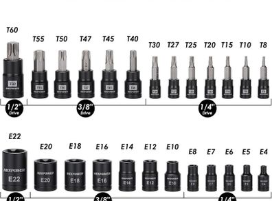 25-Piece Torx Bit and Female External Socket Set, 13 Star Bits (T8- T60) & 12 Female E-Torx (E4-E22), Professional Grade Auto & Motorcycle Mechanic Socket Set