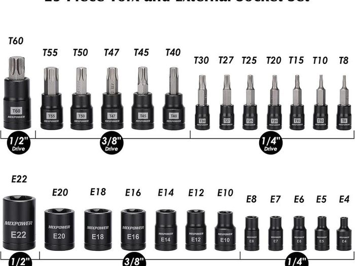25-Piece Torx Bit and Female External Socket Set, 13 Star Bits (T8- T60) & 12 Female E-Torx (E4-E22), Professional Grade Auto & Motorcycle Mechanic Socket Set