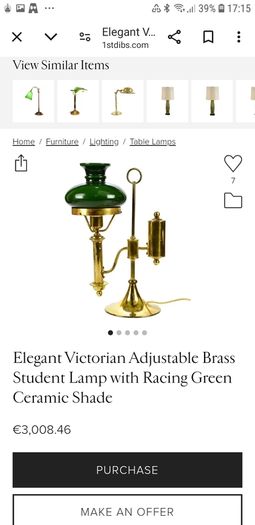 Elegant Victorian Adjustable Brass Student Lamp with Racing Green Ceramic Shade