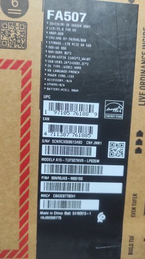 Asus Tuf Gaming A15 Fa507nvr Rtx 4060 140w / Ryzen 7 7435hs / 16gb Ddr5 / 1tb Ssd / 144hz / Warranty Until 07.2027