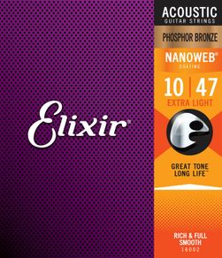 Elixir Nanoweb 10-47 Phosphor Bronze 16002 Extra Light Acoustic Guitar Strings