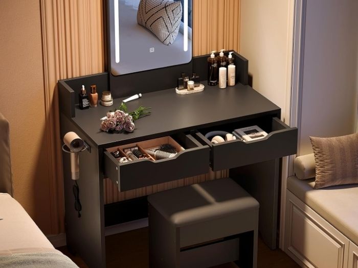 Dressing Table with Stool, Vanity Desk with Touch Control LED Mirror (3 Color Modes), 2 Drawers & Hair Dryer Holder, Modern Makeup Desk for Bedroom, Black