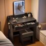 Dressing Table with Stool, Vanity Desk with Touch Control LED Mirror (3 Color Modes), 2 Drawers & Hair Dryer Holder, Modern Makeup Desk for Bedroom, Black Image 5