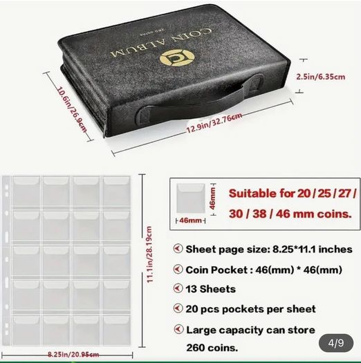 Coin Collection Holder For Collectors, 260 Pockets Coins Collecting Album With Zipper And Handle. Coin Display Storage Case For Money Currency Collection  (Box/folder Only) no coin slots transparent , u have to get them separatly