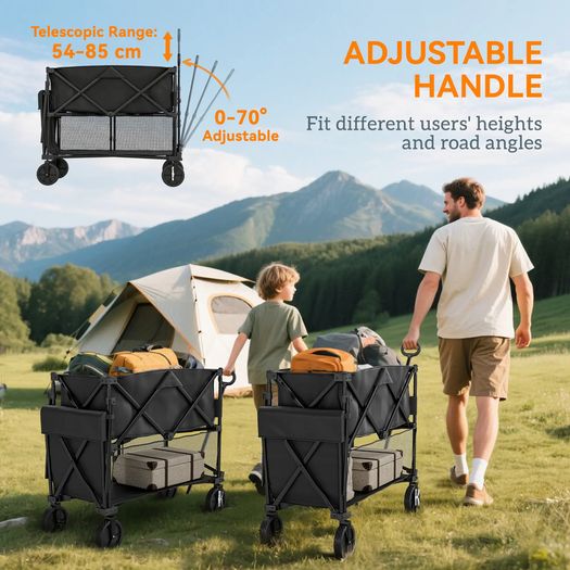 Double Decker Folding Festival Trolley on Wheels, 200KG & 350L Capacity Collapsible Wagon Festival Trolley Cart with 134cm Extended for Camping Sports Shopping Garden and Beach, Black