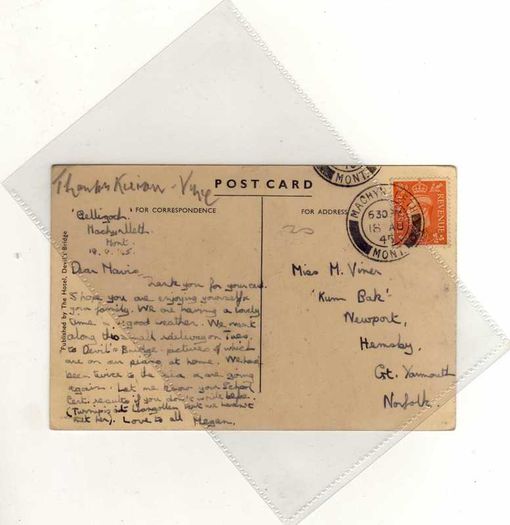Cyfarllwyd Glen Devi's Bridge , Wales - Old Postcard - Date Stamped 18 August 1945