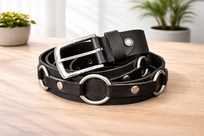 Unisex Black Leather Ring Belt Punk Gothic O-Ring Belt with Silver Buckle for Men & Women