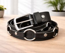 Unisex Black Leather Ring Belt Punk Gothic O-Ring Belt with Silver Buckle for Men & Women