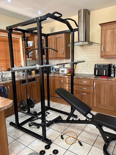 Beautiful Olympic Power Rack + Full Size Integrated Cable System, Olympic Weight, Dumbbells, Bench +
