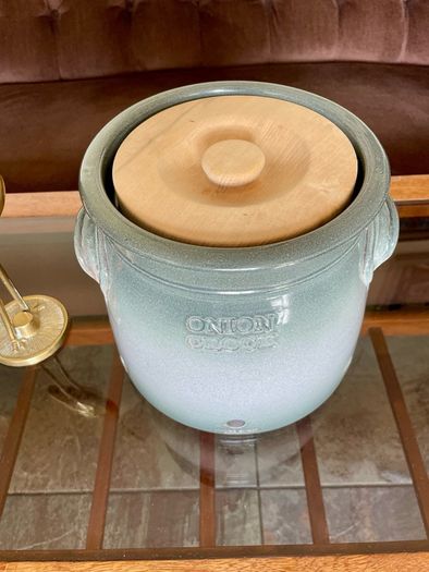 Handcrafted Kiltrea Bridge Pottery Stoneware Onion Crock Smooth Sage Green Glaze Embossed Onion Crock
