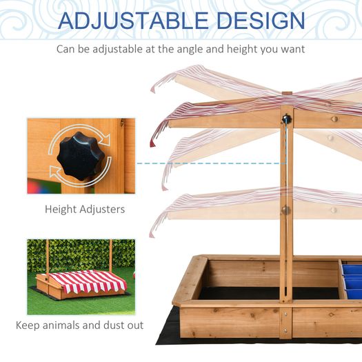 Sand Pit Kids Wooden Sandbox with Cover Children Sandpit Play Station Height Adjustable with Canopy, Bottom Liner, Plastic Basins for Outdoor Aged 3-7 Years