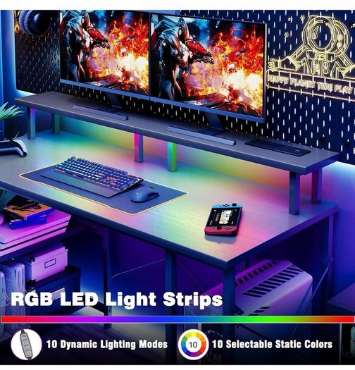 120x50cm Gaming Desk with LED Lights & Power Outlets,Black Storage Shelves, Dual Monitor Stand, Home Office & Study, Work from Home, Bedroom, Small Spaces, Dorm, Space-Saving, Students