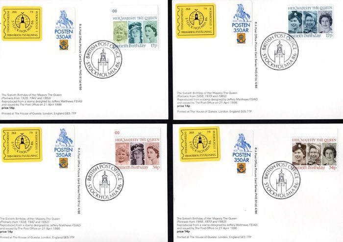 1986 Great Britain The Sixtieth Birthday of Her Majesty The Queen PHQ Postcards used with  Stockholmia 86 Exhibition show with show label cancel
