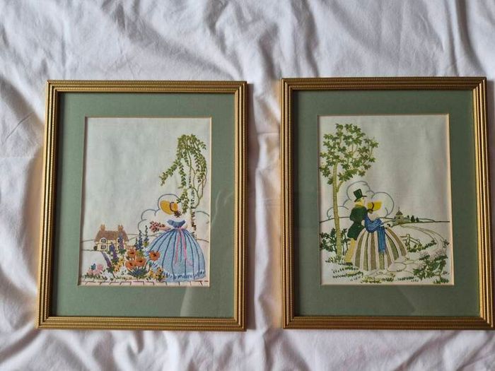 Vintage Crinoline Lady / Crinoline Couple Embroidery Pair