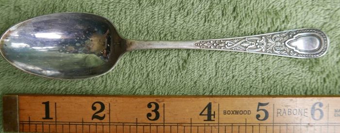 Antique Sterling Silver Christening Spoon by James Crichton & Sons of Glasgow, presented in its Original Velvet-lined Box. with original handwritten note from Glasgow dated October 4, 1886.
