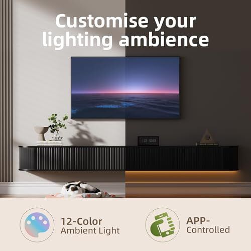 Floating TV Stand Unit with RGB LED Light - 180CM Wall Mounted TV Cabinet with Upgraded Storage & Rounded Edges, Modern TV Media Console for 65-75 Inch TVs