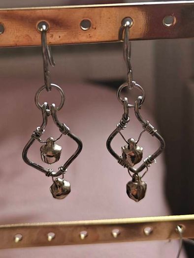 Stainless Steel Earrings with Bells, Handmade Wire Art, Geometric Dangles