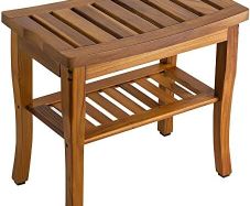 Teak Shower Bench, Spa Bath Shower Stool with Storage Shelf, Wooden Seat Stool for Bathroom