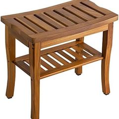 Teak Shower Bench, Spa Bath Shower Stool with Storage Shelf, Wooden Seat Stool for Bathroom