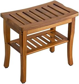 Teak Shower Bench, Spa Bath Shower Stool with Storage Shelf, Wooden Seat Stool for Bathroom