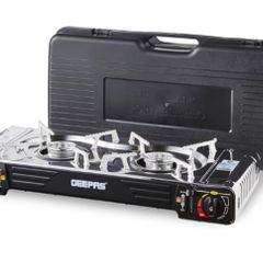 Camping Gas Stove, Double Burner  BBQ Cooker, Outdoor Grill Plate  Automatic Ignition System, Butane Can BBQ Caravan Outdoor