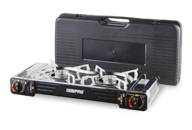 Camping Gas Stove, Double Burner  BBQ Cooker, Outdoor Grill Plate  Automatic Ignition System, Butane Can BBQ Caravan Outdoor