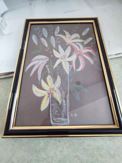 Lovely framed coloured chalk still life flower vase