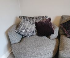 L shape sofa, pouffe and swivel chair