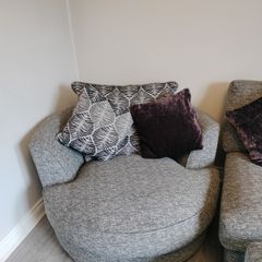 L shape sofa, pouffe and swivel chair