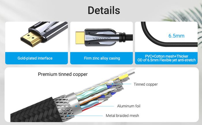 VENTION 3M Premium HDMI 2.1 UHD/3D 8K (7680x4320@60Hz) 48Gbps Luxury Model (Zinc Alloy/Cotton Braided/Gold Plated) Cable (Brand New/Warranty)