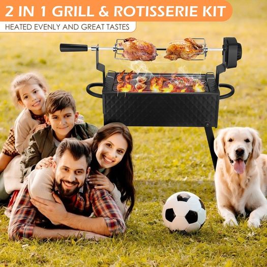EU UK US 2-in-1 Grill&Electric Rotisserie Kit Automatic Barbecue BBQ Outdoor Folding Roaster, Roast Stove Grill Stainless Steel