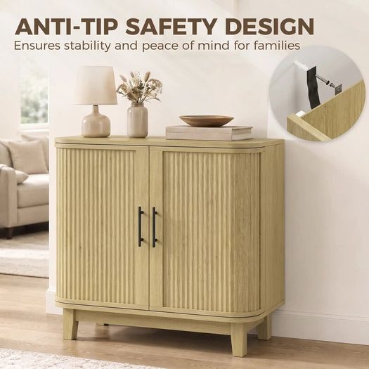 80cm Sideboard Buffet Cabinet, Storage Cabinet with 2 Curved Doors, Adjustable Shelf and Legs for Dining Room, Oak