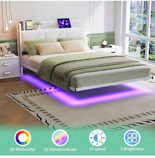 Floating Double Bed Frame with Upholstered Headboard Storage, White 135x190cm Metal Bed Frame with LED Lights & USB Charging Station, 4ft6 Platform Bed, Heavy Duty Metal Slats, Noise Free