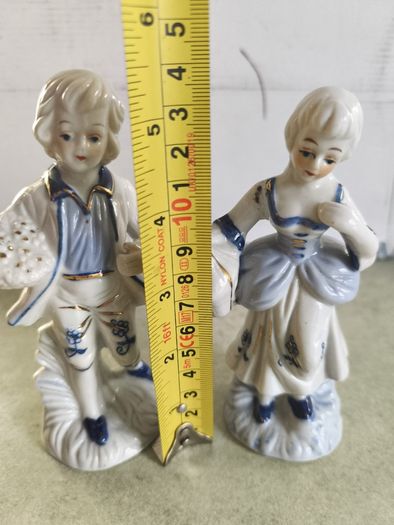 Vintage colonial man & woman blue, white, gold porcelain