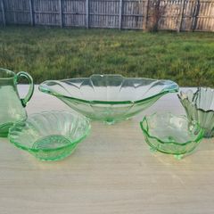 Art Deco Pressed Green Glass Set