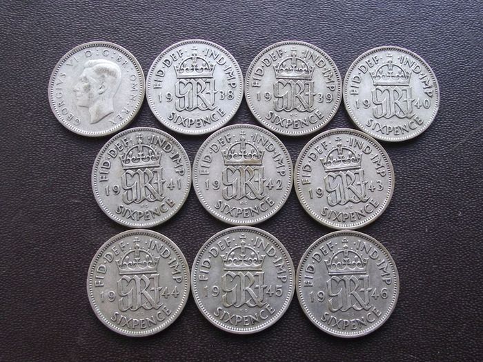 Great Britain. George VI. 10 Silver@6 pence Full run of the years (1937-1946)
