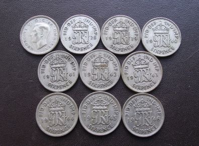 Great Britain. George VI. 10 Silver@6 pence Full run of the years (1937-1946)