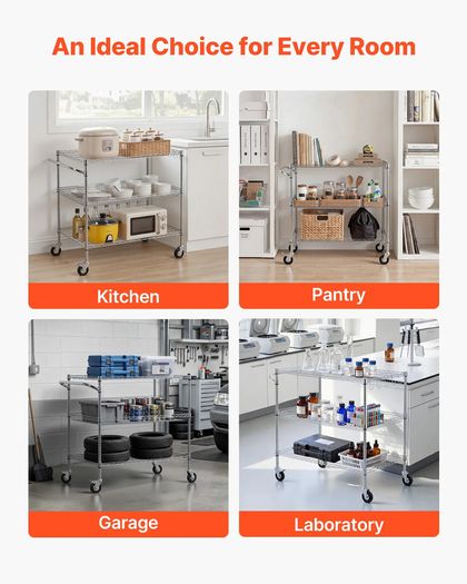 Kitchen Utility Cart 3 Tier Heavy Duty Adjustable Wire Storage Rack