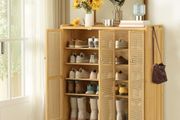 Bamboo Shoe Storage Cabinet Wooden Shoes Rack Organiser with 3 Rattan Doors