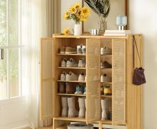Bamboo Shoe Storage Cabinet Wooden Shoes Rack Organiser with 3 Rattan Doors